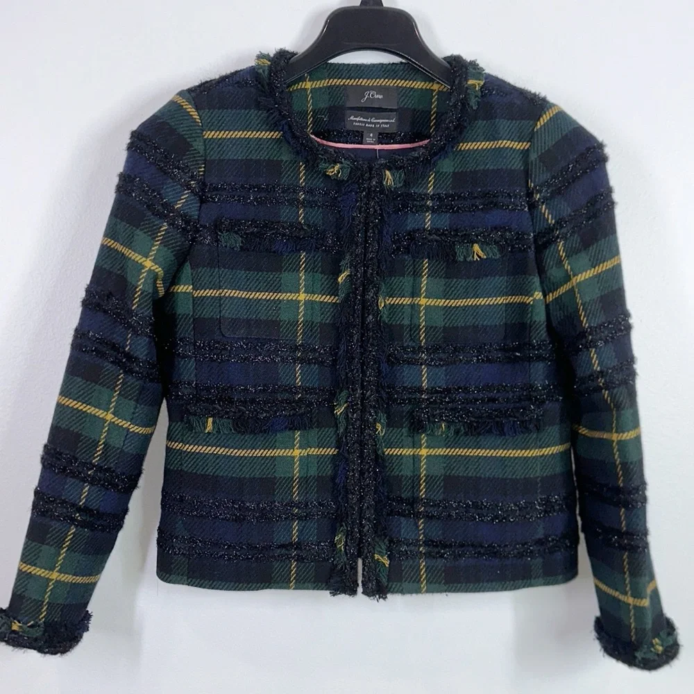 J. Crew lady jacket in lurex plaid tweed fringe blazer jacket size 4 NWT - Picture 2 of 9